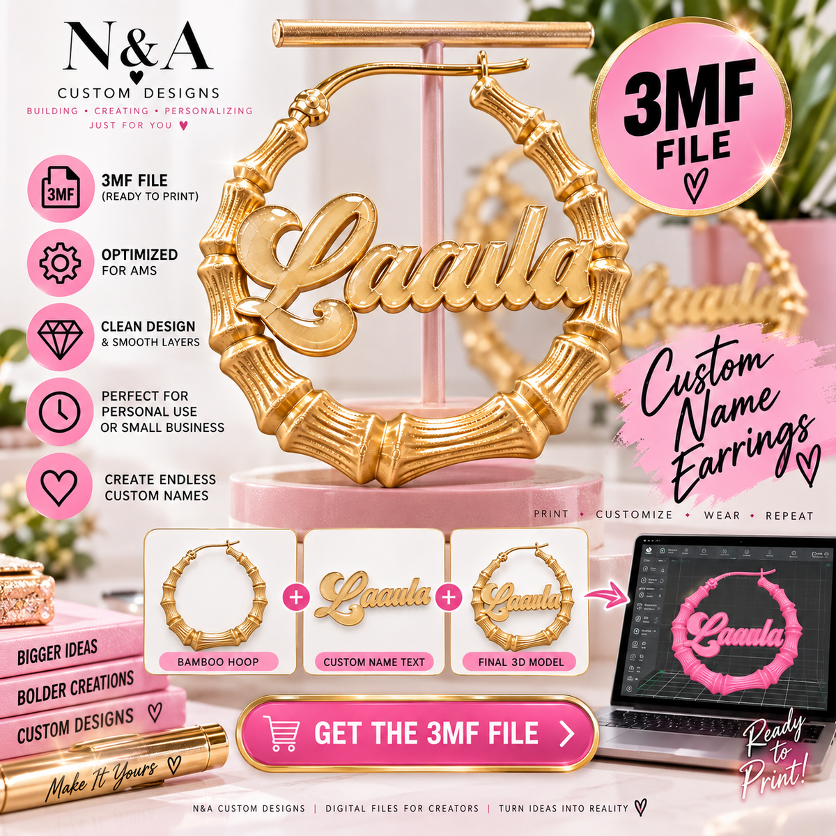 90s Bamboo Custom Name Earrings | 3MF Digital File