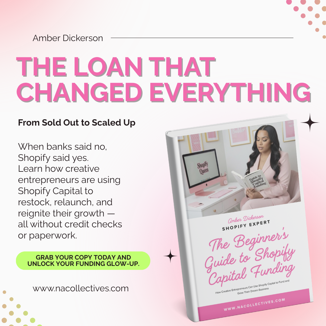 Promotional graphic for 'The Loan That Changed Everything' by Amber Dickerson, featuring a woman using a laptop with text about Shopify Capital.