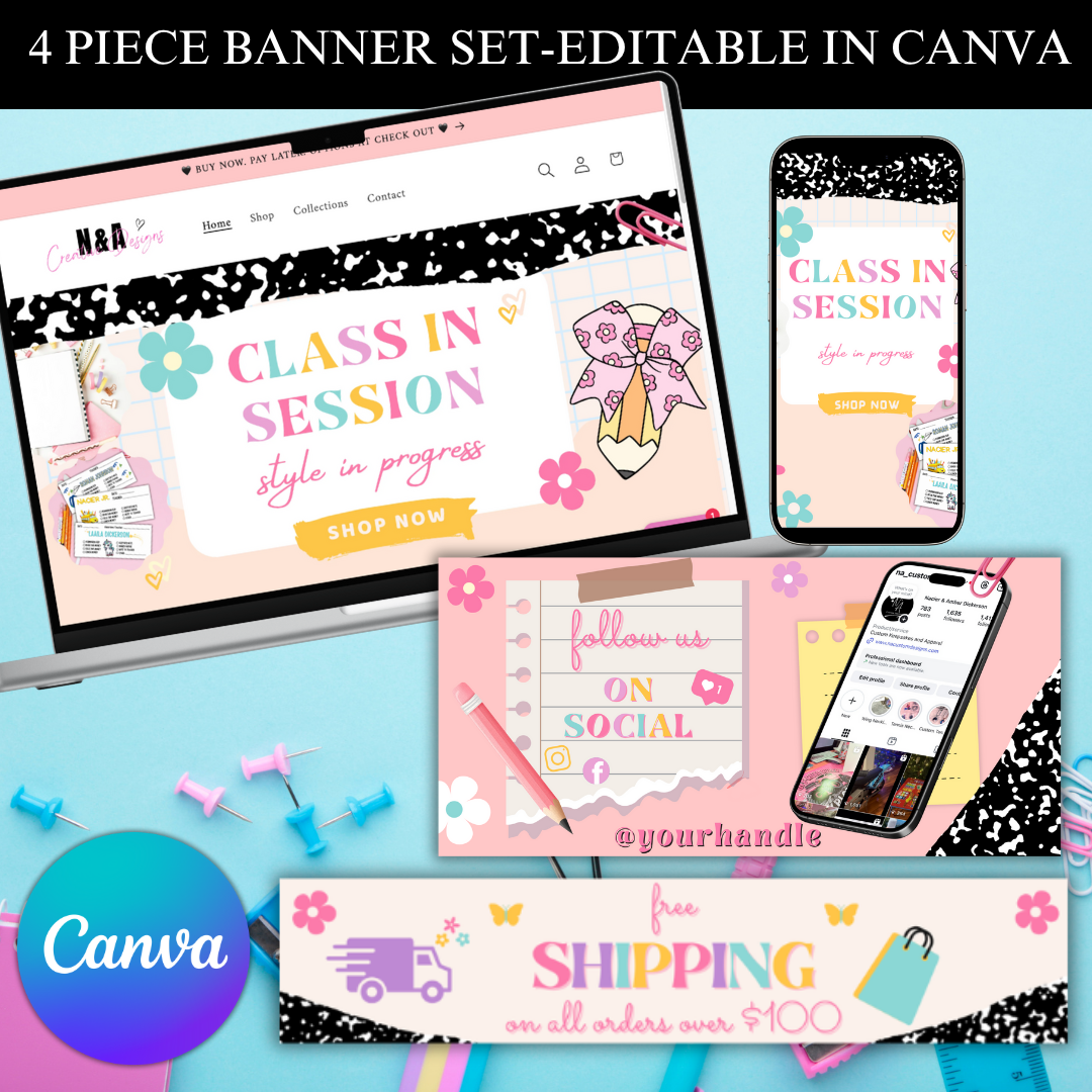 Set of four promotional banners for a brand on a blue background with 'Canva' branding.