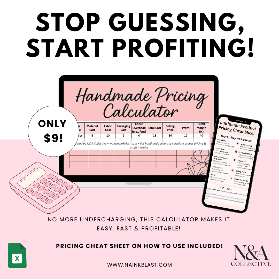 Handmade pricing calculator for crafters – digital download with profit margin formula, Excel file, and step-by-step cheat sheet from N&A Collective